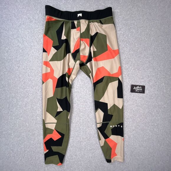 Montec Pants Mens Large L Alpha Base Layer Pant Sand Orange Green Camo Stretch